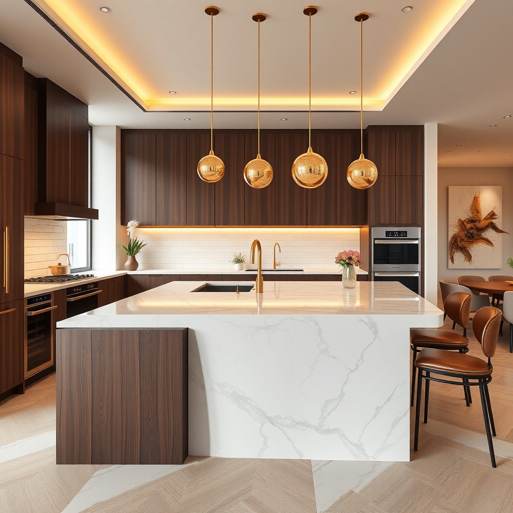 Cozinha gourmet com ilha de mármore e marcenaria amadeirada, projeto conceitual OXXÍ