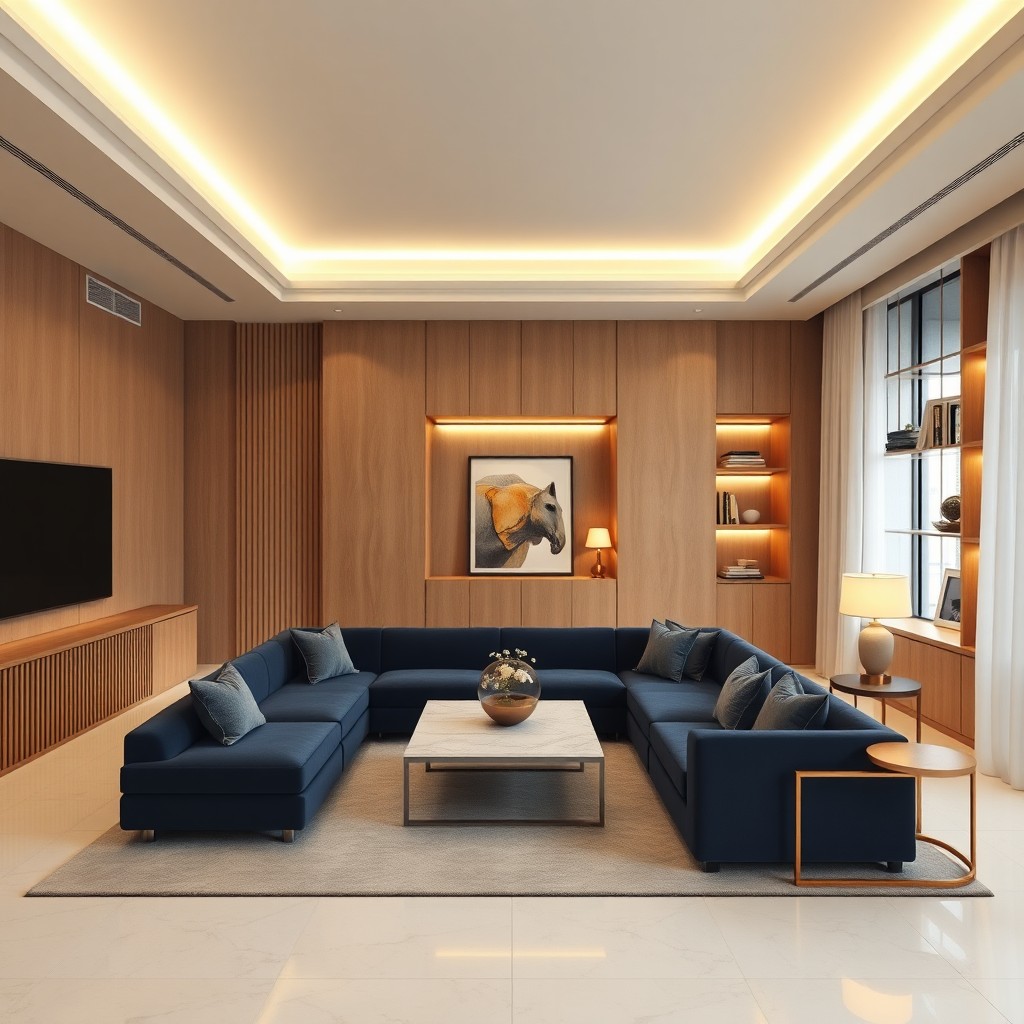 Sala de estar com marcenaria em madeira sob medida, projeto conceitual OXXÍ